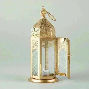 Handmade Medium Metal and Etched Glass Tea Light Hanging Lantern in Classic Gold